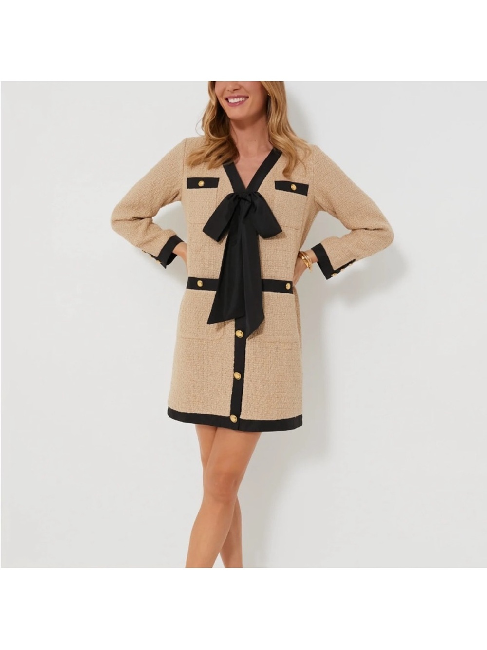 Tuckernuck Pomander Place Tan Coco Tweed Bow Mini Dress